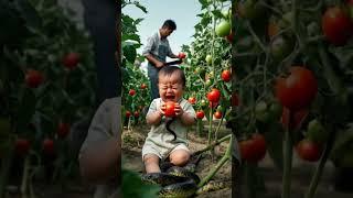 The baby is crying in the tomato field while the parents are doing farm work!