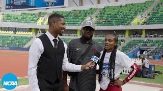 Arkansas' Chris Johnson and Nickisha Pryce react to winning 2024 outdoor track championship