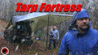 Camping in a Wintery Mix Storm with a MASSIVE Tarp Shelter