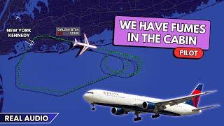 Fumes in the cabin. Overweight landing. Delta Boeing 767-400 returns to New York, JFK. Real ATC