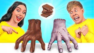 Real Food vs Chocolate Food Challenge with Wednesday Addams Multi DO Challenge