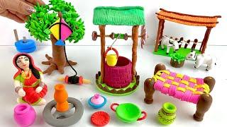 DIY How to make polymer clay miniature house, kitchen set, water well, Doll, Cow Shed | Dolliyon