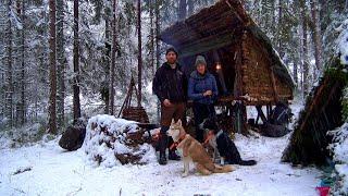 Winter Camping with my Wife and Our Dogs - Winter Bushcraft Shelter