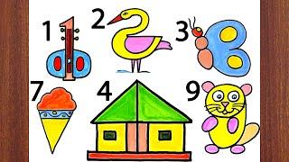 Numbers Drawing 1 to 10 - How to draw pictures using numbers - Simple Drawing Ideas for beginners