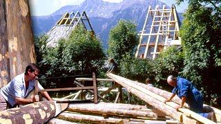 Handmade rustic roof with logs in high mountain houses. Techniques with centuries of tradition