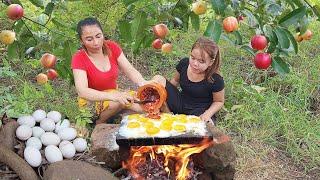 Adventure in forest, Duck egg hot chili sauce on the rock so delicious food, Survival cooking