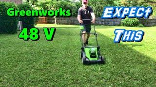 Greenworks 48v (2x24) Brushless Cordless Mower 17" FIRST TRIAL & REVIEW  Height Adjustment