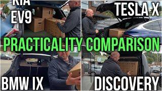 Kia EV9 v Tesla Model X and BMW iX v LandRover Discovery SUV Practicality Box test / comparison.