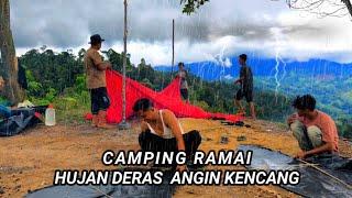 hit by heavy rain, strong winds, crowded camping on the hill, relaxing rain sound