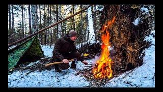 СОЛО БУШКРАФТ НОЧЕВКА ЗИМОЙ В ЛЕСУ - ЛАГЕРЬ В ЛЕСУ, УКРЫТИЕ, ШВЕДСКИЙ ТОПОР, ЛЕСНАЯ КУХНЯ