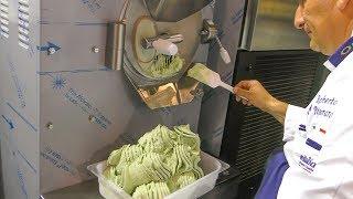 Automatic Machinery Produces Italian "GELATO" Ice Cream, Full Process. Italian Street Food Fair