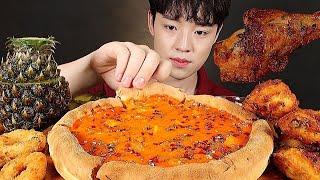 로제피자 켄터키 치킨 먹방 파인애플 샤베트 새우링 ROSE CHICAGO PIZZA KENTUCKY CHICKEN FRIED FOOD MUKBANG ASMR ピザ チキン