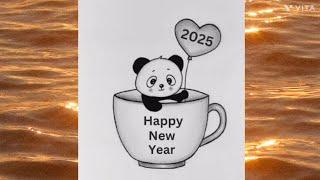 Happy New Year 2025 Drawing - Cute panda drawing in New year / 2025 new year cute panda drawing/ Art