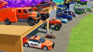 TRANSPORTING POLICE CARS, FIRE TRUCK, MONSTER TRUCK, AMBULANCE, CARS OF COLORS! WITH TRUCKS! - FS 22