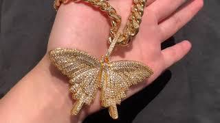 Fashion Bling Pink Butterfly Necklace Big Size Shiny Butterfly Pendant with Cuban Chain