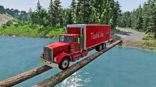 Cars vs Log Bridge Challenge vs Truck trailer vs Bus vs Flatbed vs Super car – BeamNG.Drive