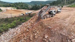 The Massive!! Mountain Landfill Action: Trucks & Bulldozers Pushing Clearing Stone