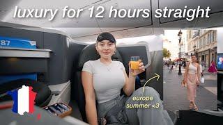 Flying FIRST CLASS on a 12 hr flight to Europe | backcountry trip, French bakery, ocean