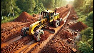 WOW! Awesome road construction equipment, motor grader Komatsu clearing land on a rural road