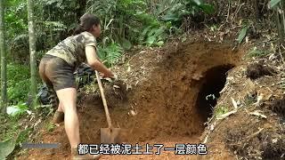 美女到山上去挖窑洞做庇护所，体验野外生存#野外建造 #野外生存