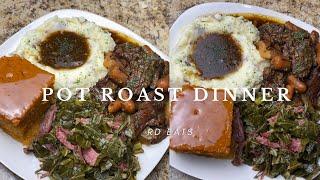 Soul food dinner! | Pot roast￼, Collard Greens, Potatoes, And Sweet Potato Corn Bread Recipe!