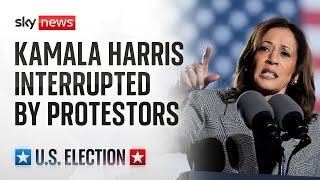 Kamala Harris addresses a rally in Michigan