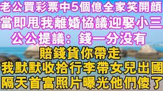 【情感故事】老公買彩票中5個億全家笑開顏，當即甩我離婚協議迎娶小三，公公提議：錢一分沒有，賠錢貨你帶走，我默默收拾行李帶女兒出國，隔天首富照片曝光他們傻了#幸福講故事 #人生感悟 #故事分享