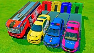 LOAD & TRANSPORT POLICE CARS, DACIA DUSTER, FIRE TRUCK WITH CRAZY MAN TRUCKS ! Farming Simulator 22