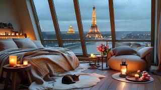 Relax With The Sound Of Rain On A Soft Bed - Cozy Bedroom With A Night View Of Eiffel Tower