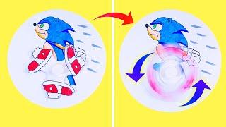 PAPER HAND SPINNER SONIC DIY. Sonic fidget spinner. Easy Anti-Stress toy. How to draw running Sonic.