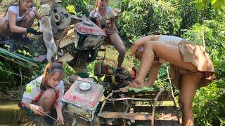 The girl went to the place to fix the broken and abandoned high-powered tractor.