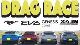 Kia EV6 GT vs Genesis GV60 Performance vs Ford Mach-E GT vs BMW X4M Competition. Drag and Roll Race