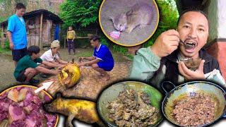 Local Pig Cutting in the Rural Village || Pork Cutting, cooking and Eating || Pork Fry Recipe Eating