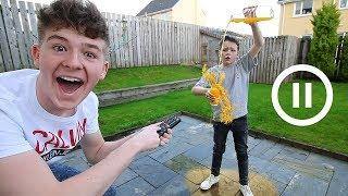 The PAUSE Challenge with LITTLE BROTHER for 24 HOURS!! (FREEZE CHALLENGE)