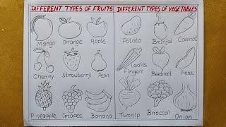 How to draw different types of Fruits and Vegetables drawing| Fruits and Vegetables Charts drawing