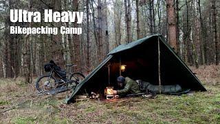 Winter Bike-Packing Forest Camp.  Canvas Half Shelter and Tent Stove.  French Army RCIR Ration Pack.