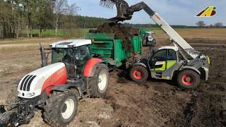 Mist streuen mit 2 Steyr Traktoren, Streuer  Felder düngen Lohnunternehmen im Einsatz Landwirtschaft