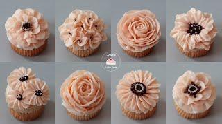 8 Design Flower CupcakesTutorial for Beginners :: Wilton nozzle #104