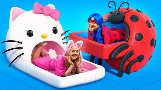 Ladybug ve Hello Kitty için Minik Bir Ev İnşa Ediyoruz! Kutularda Aşırı Saklambaç Yarışması!