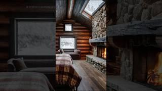 Inviting cabin bedroom with fireplace & snow outside!