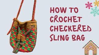 how to crochet a checkered drawstring sling bag