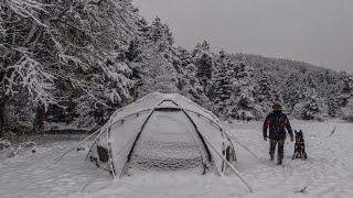 Hot Tent Camping in Heavy Snowfall With My Dog |  Winter Camping, Wood Stove, Cold Weather