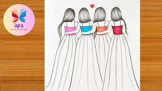 Sisters Drawing ️ || How to Draw Four Sisters | Girls drawing | How to draw Four Friend easy | BFF