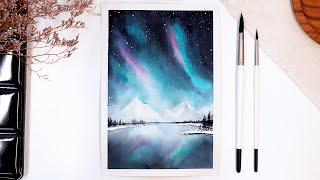 ️  Northern Lights Watercolor Painting Tutorial // Winter Landscape