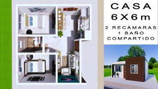 Plano de casa 6x6 metros con dos recamaras y  1 baño | Desain rumah 6x6 | Small house design 6x6