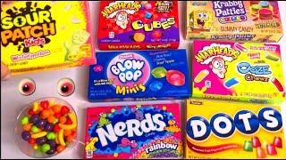 Filling Cups With Candy | Unboxing Candies Nerds Warheads Blow POP Minis Dots Sour Patch kids Runts