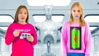 Amelia and Avelina play with a friendly robot