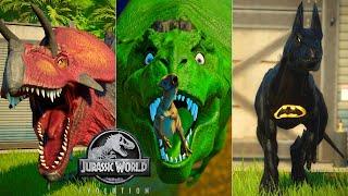 Batman in Jurassic World Evolution Ultimasaurus, Hulk TREX & Spiderman Fight!