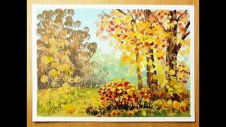 How to draw a BEAUTIFUL LANDSCAPE with gouache is easy. "AUTUMN". Step by step drawing for beginners