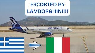TRIP REPORT | FIRST TIME WITH AEGEAN | ESCORTED BY LAMBORGHINI | AIRBUS A320 | ATHENS TO BOLOGNA.